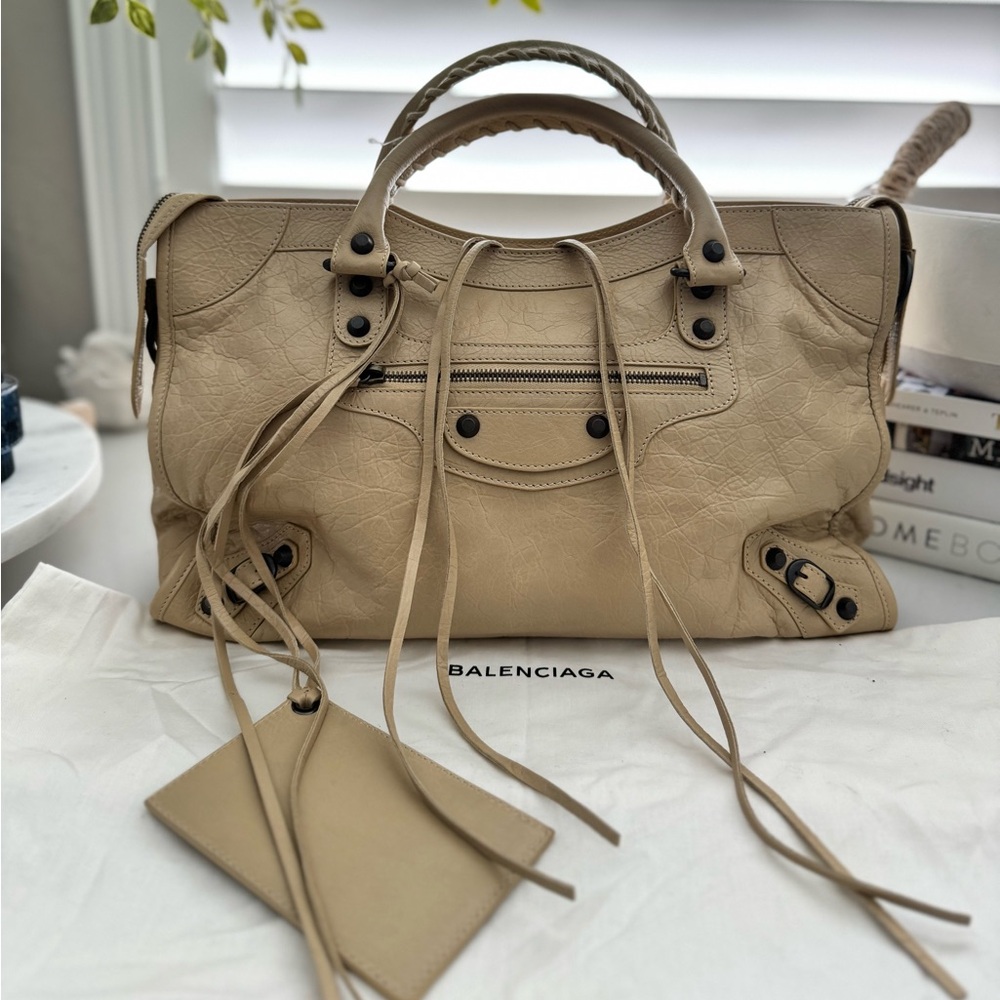 BALENCIAGA City Moto Beige Leather Handbag